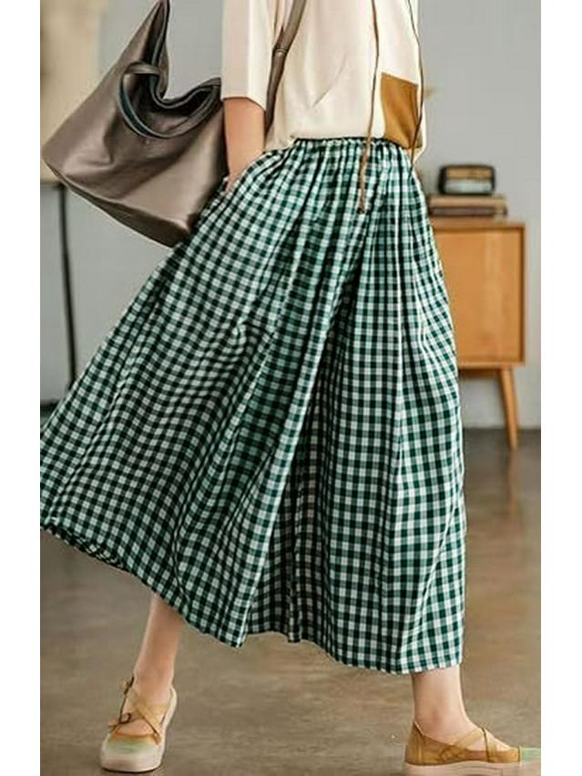 2024 Autumn Plus Size Plaid Cotton Linen Wide-Leg Skirt Pants - Elegant and Casual