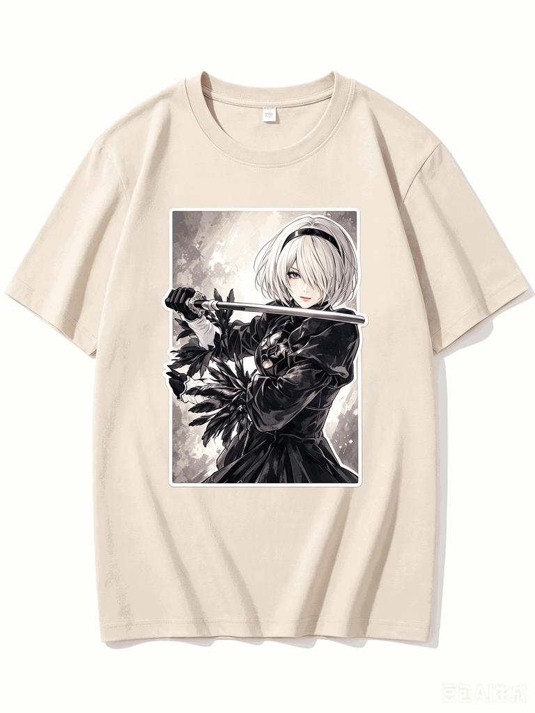 2B NieR Automata Sword Wielding Anime Character Square Sticker Graphic Crew Neck Short Sleeve T-shirt