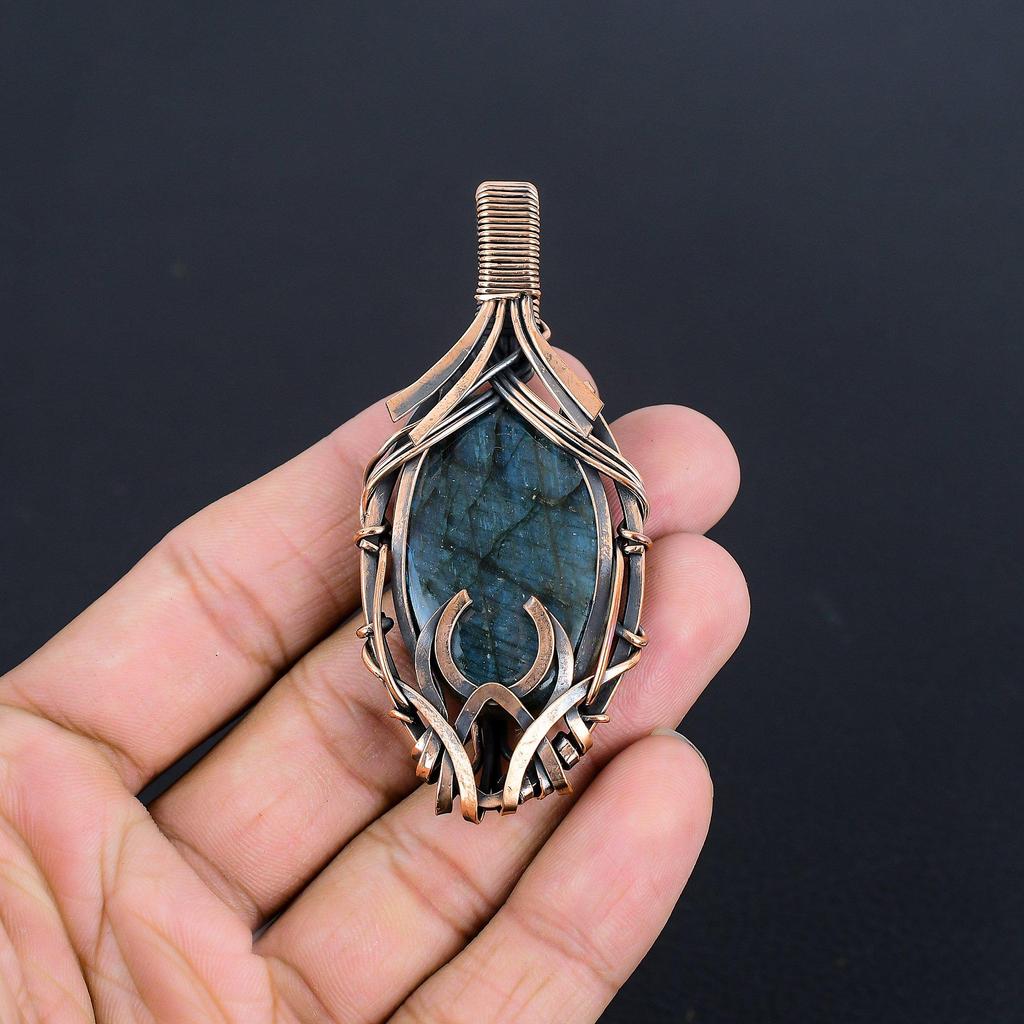 Labradorite Pendant, Handmade Gemstone 999 Copper Wire Wrapped Pendant Antique Jewelry, For Gift Silver Jewelry