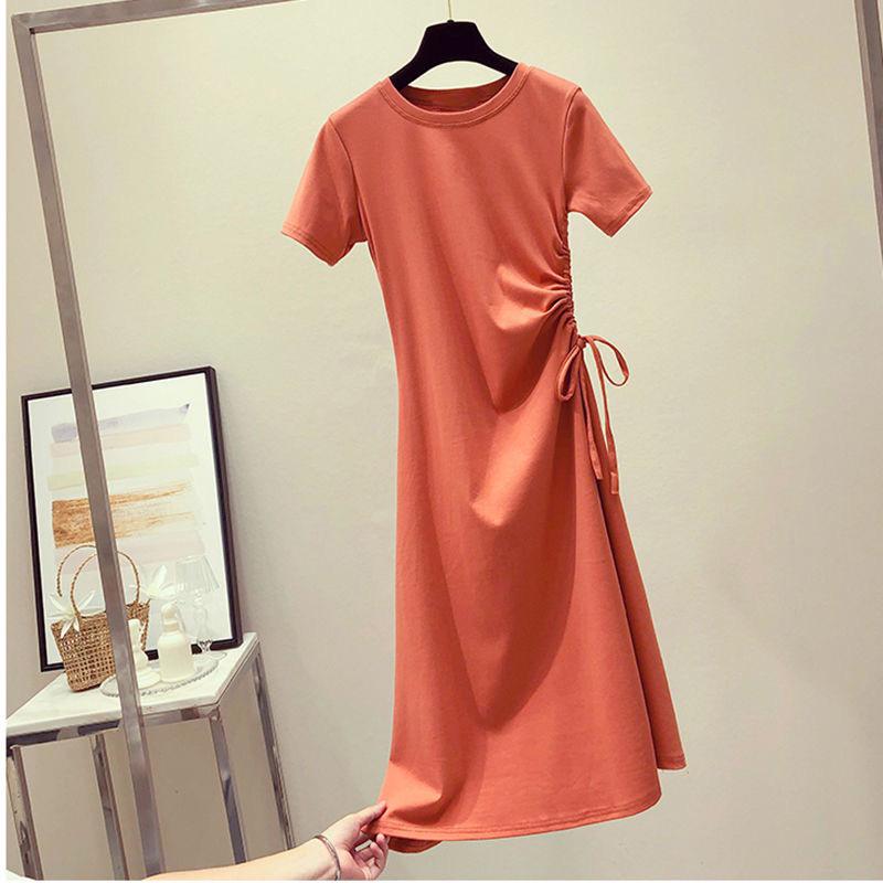 Avocado Green Summer 2021 Waist-Slimming Korean Style Drawstring T-shirt Dress for Women