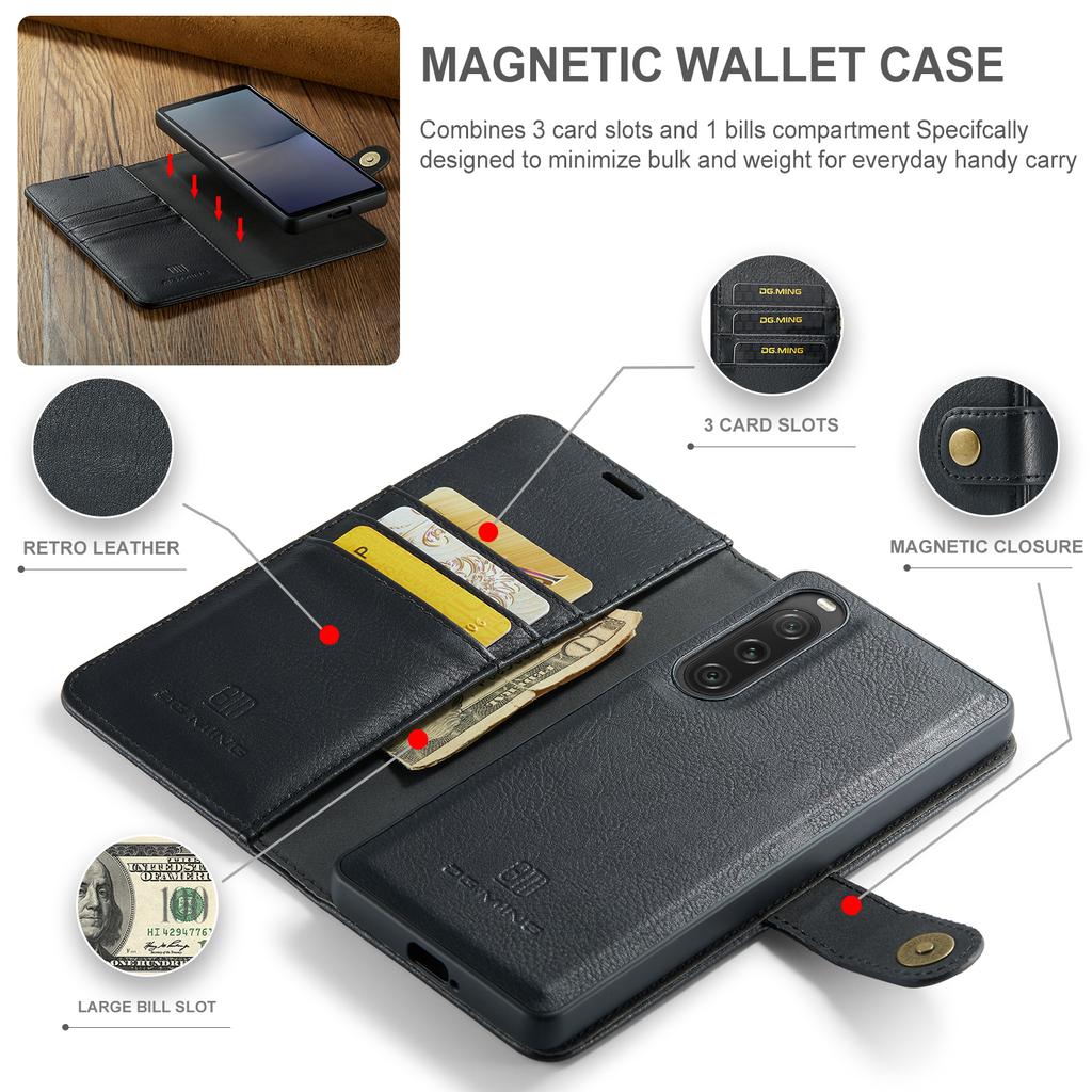 DG.MING Detachable Magnetic Phone Case for Sony Xperia 10 V Shockproof Split Leather Wallet Phone Cover