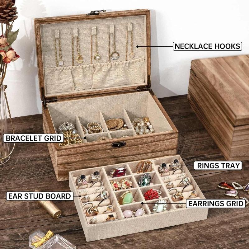 Vintage Jewelry Box Solid Wood Containers Two Layers Necklace Earrings Display Boxes with Mirror Jewelry Accessories