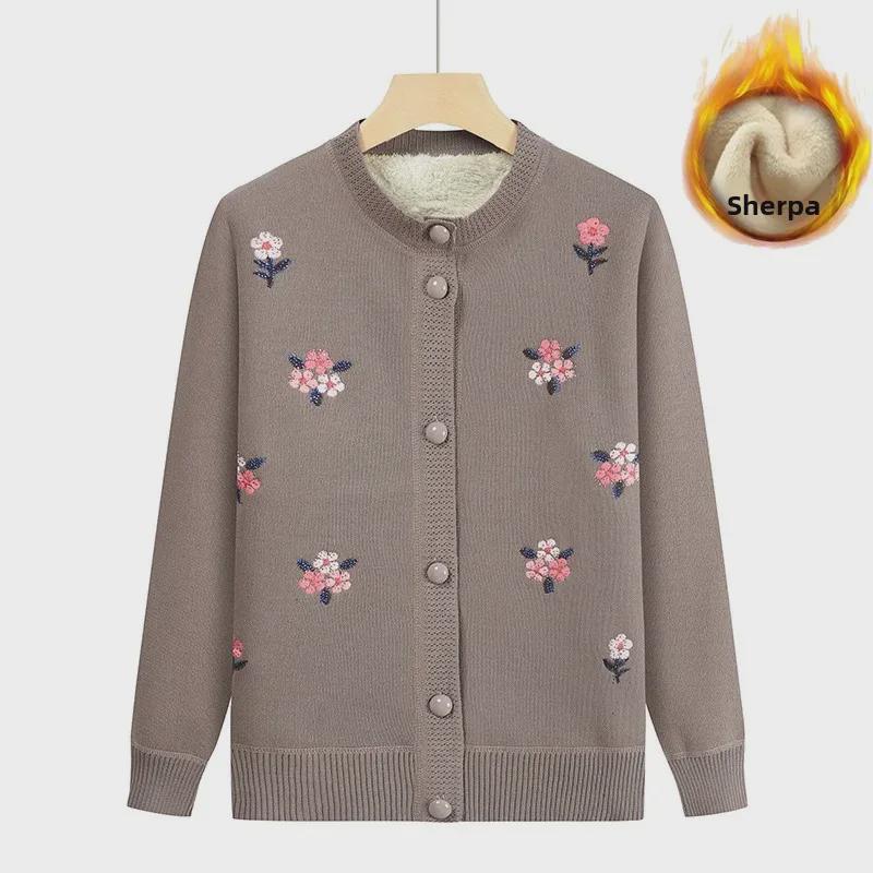 Middelaldrende og eldre kvinners strikkede cardigan med plussfløyel - Høst/vinter genser med rund hals