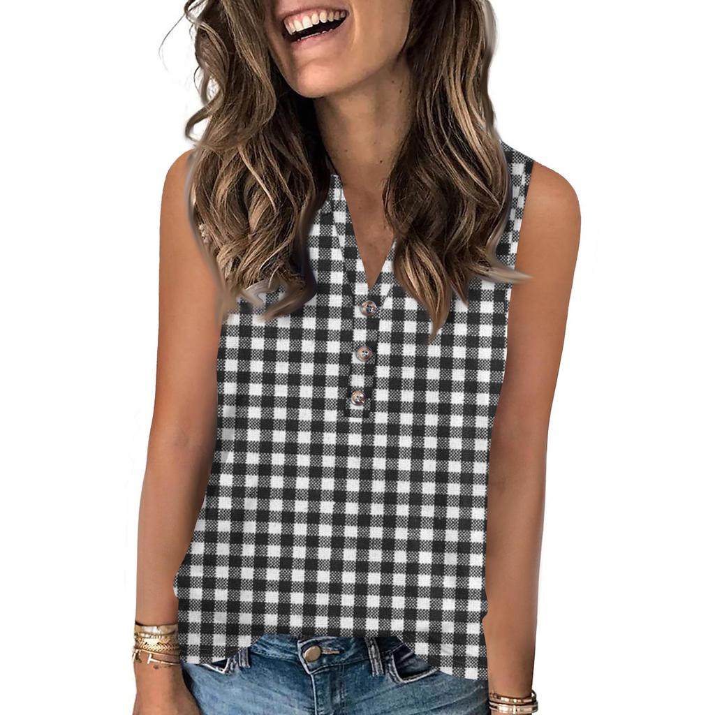 Women's Casual Fashion Summer Print Tank Top V-neck Sleeveless Button Up Top