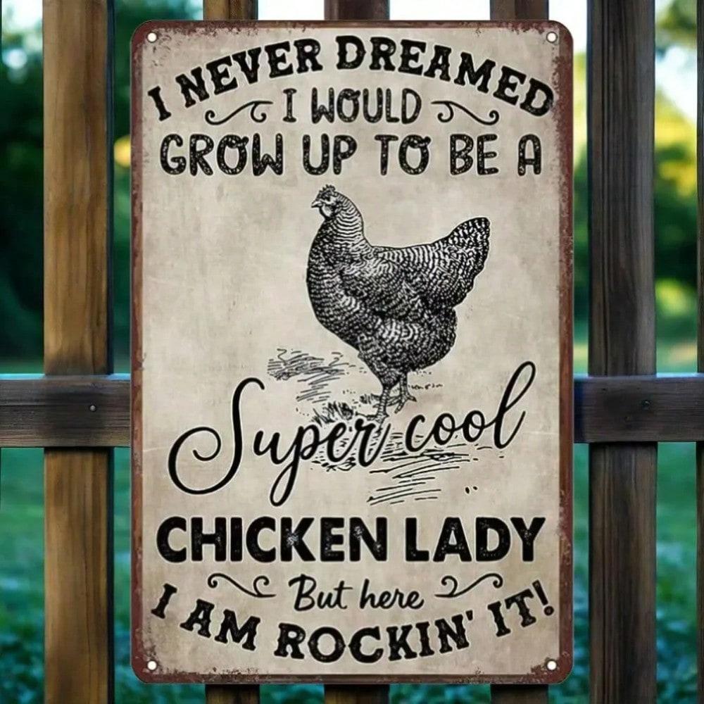 Vintage Chicken Lady Tin Sign Retro Metal Wall Art for Kitchen Farmhouse Decor