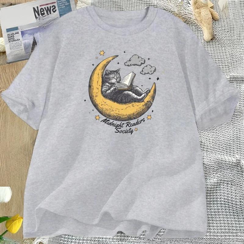 Midnight Readers Society Cat T Shirt Comfort Book Lovers Tshirt Cute Literary Tee Bookish TeeShirt Casual Short Sleeve