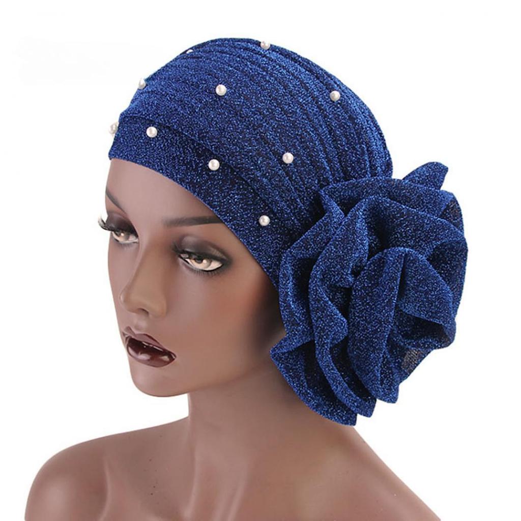 Women Big Flower Headband Cap Faux Pearl Decor Hijab Turban Hat Head Wrap