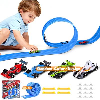 Plastic Flexible Ra Car Track for Kids Toy with 12 Suction Cups &4 Yellow Gasket Compatible with 4 Alloy Diecast 1:64 Cars