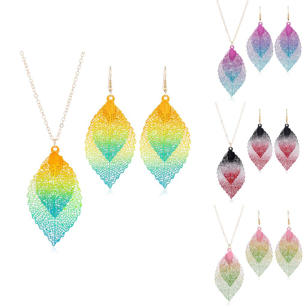 Vintage Leaf Jewelry Set With Stainless Steel Metal Pendant And Box Chain For Boho Style Fans