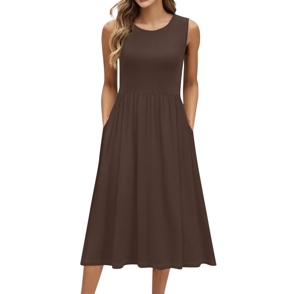 Women's Fashionable Color Round Neck Sleeveless Casual Pullover Pocket Mid Length Dress