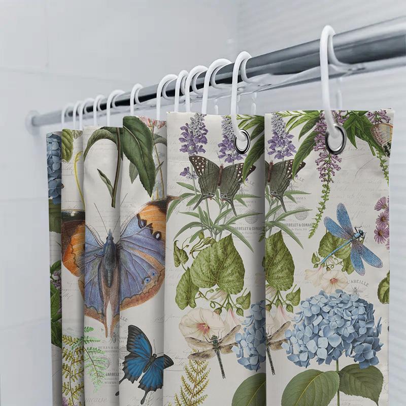 Natural Butterfly Flowers Bath Curtain Printed Fabric Shower Curtain for Bathroom Decor