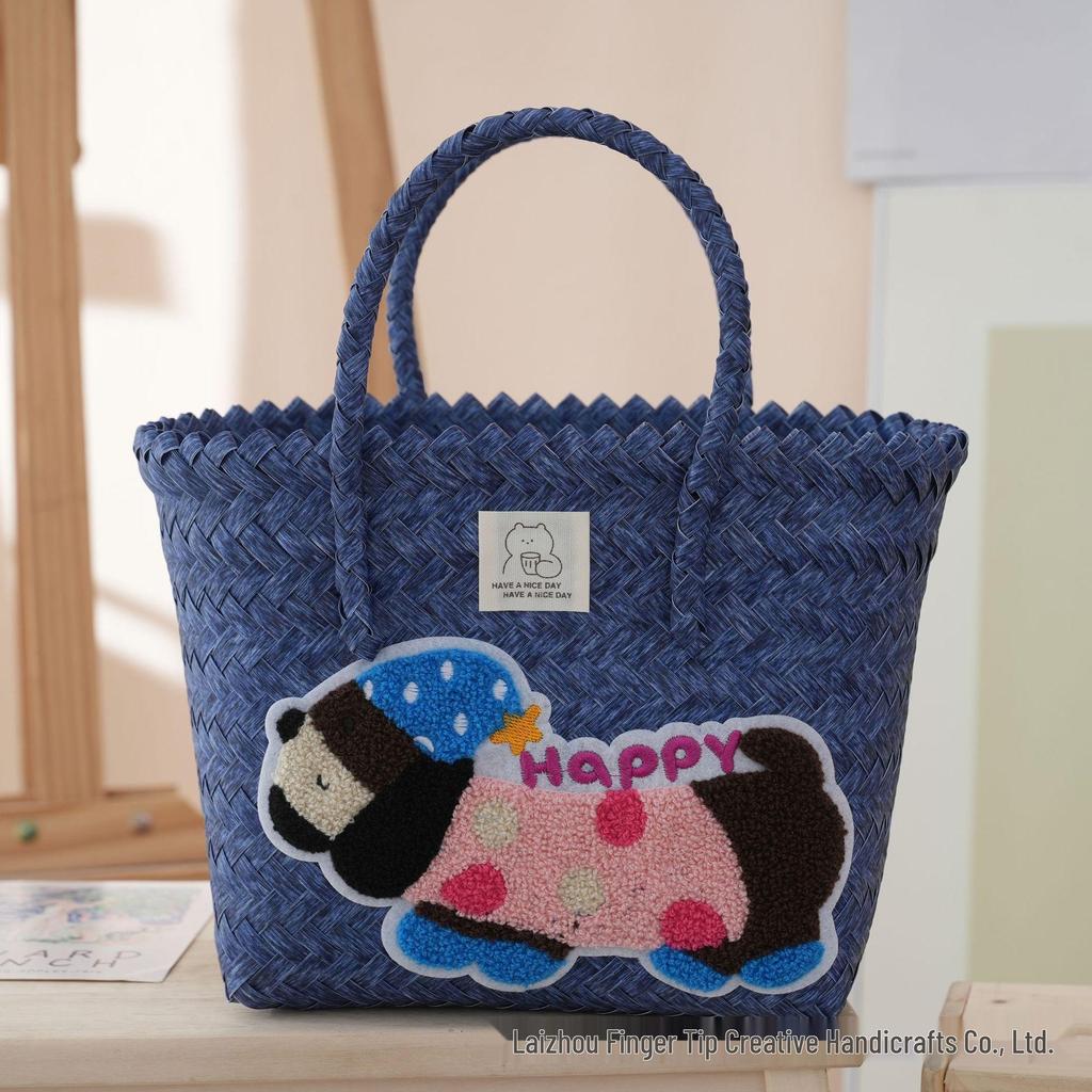 Handmade Dachshund Cartoon Rattan Tote: Woven Vegetable Basket for Work & Commute
