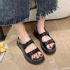 Retro thick low women's sandals 2025 summer new mid-heel Korean one-character pleated buckle Roman beach shoes women