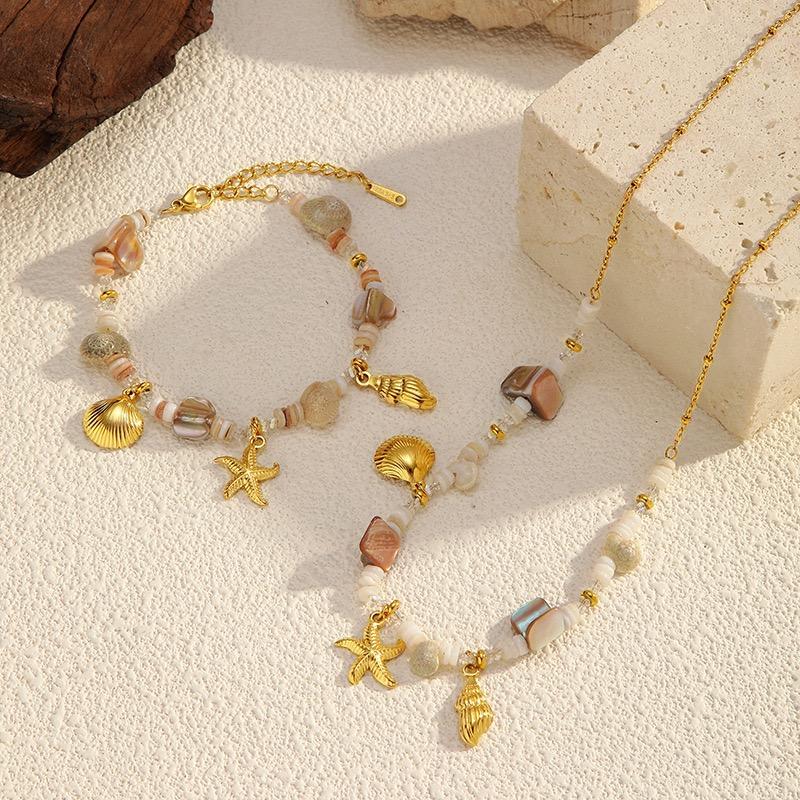 SA Jewelry Fashion Jewelry Set for Women Starfish Shell Pendant Beaded Necklace Bracelet 18K Gold Plated Boho Gift
