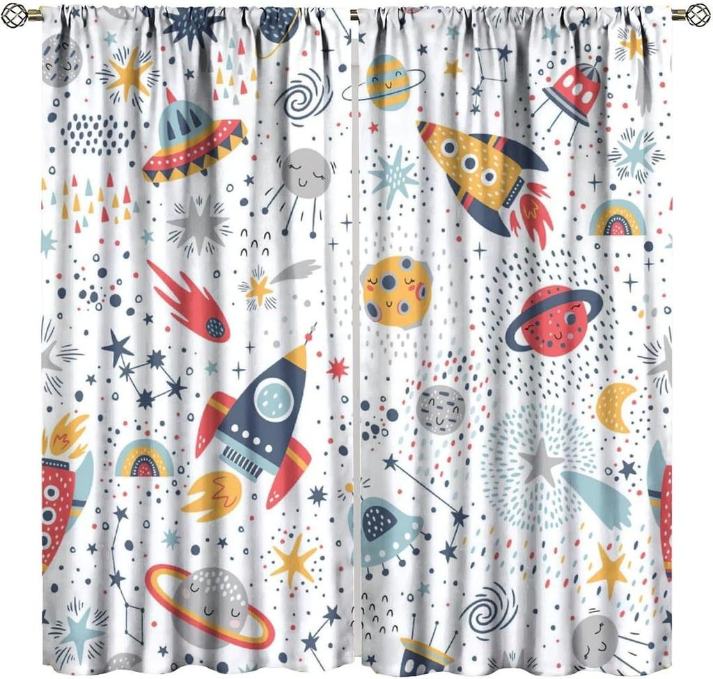 Kids Outer Space Curta, Universe Themed Earth Moon Rockets Stars Window Drapes, For Boys Girls Room Bedroom Living Room