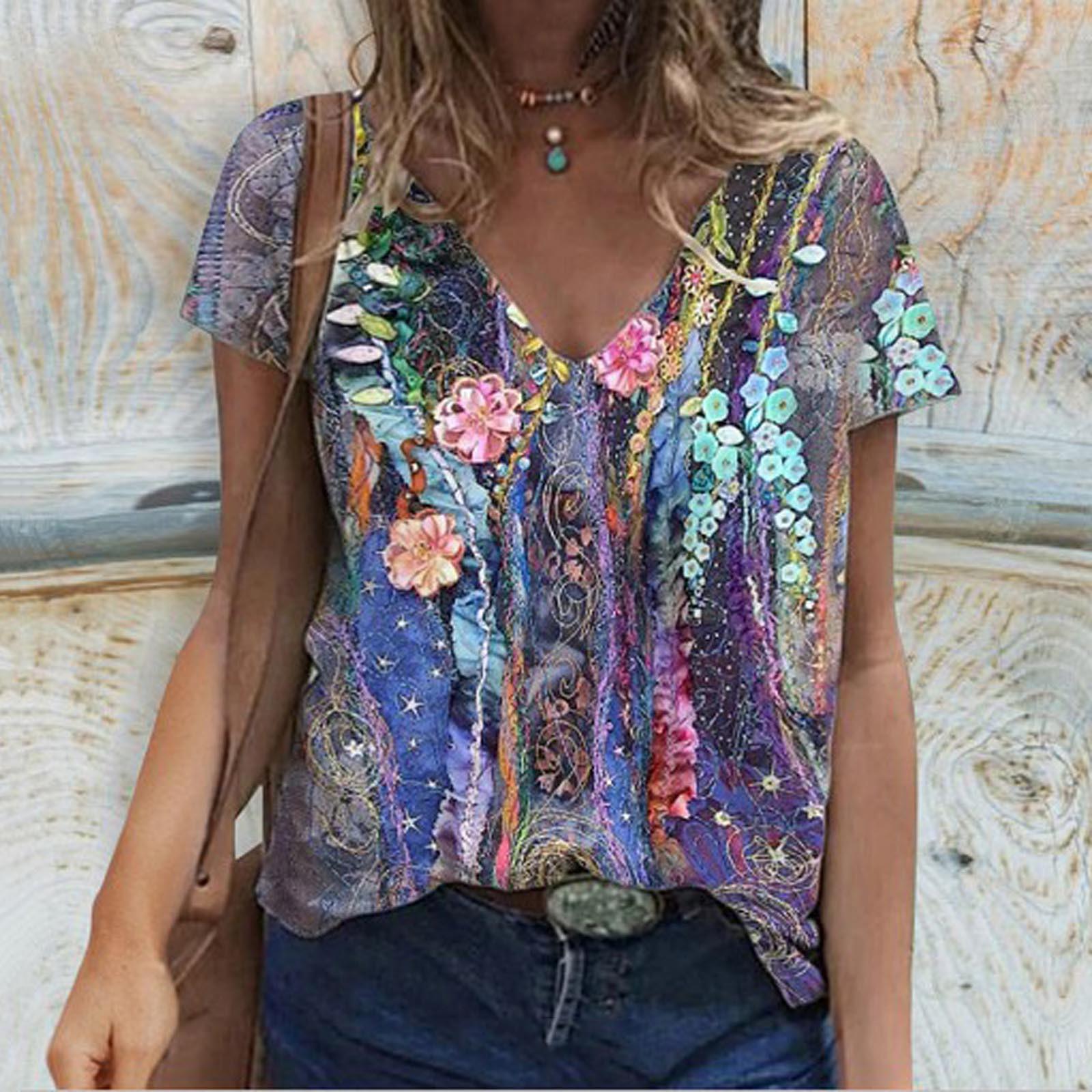 

Модные весенние блузки с ретро цветочным принтом, футболки с V-образным вырезом и короткими рукавами, повседневные S серый