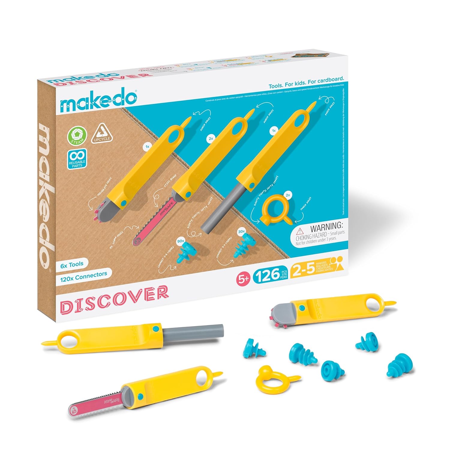 Makedo Discovery Toolbox Cardboard construction tool ages 5 up 126-piece toolkit medium-sized Versatile mask creating mazes Ideal creative play home