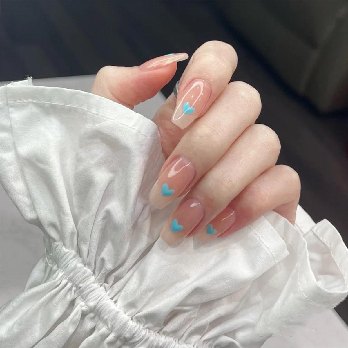 Translucent Light Blue Wearable Sweetheart Style False Nail Stickers - Removable Manicure Pieces