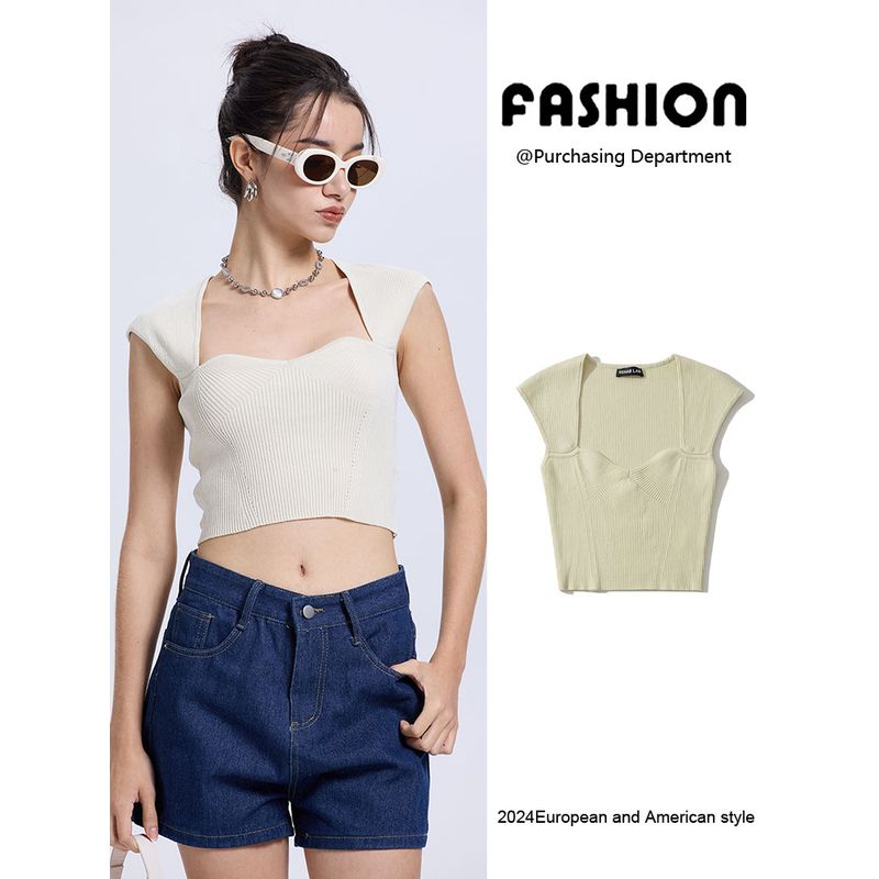 Za2025 Summer New Women clothes Solid Simple Elegant All-Match Heart-Shaped Collar Sleeveless Rib Simple T-shirt Top