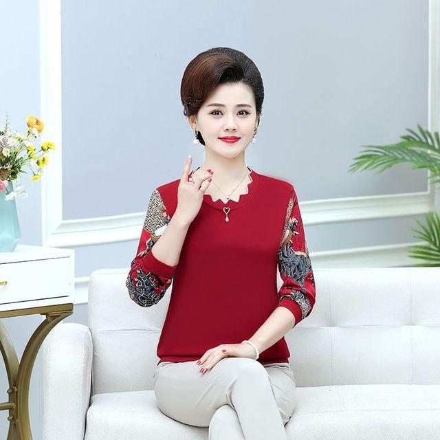 Mom's Bottoming Shirt New Spring Autumn New Printed Blouse Fashion Long Sleeve Round Neck T-shirt XL-5XL