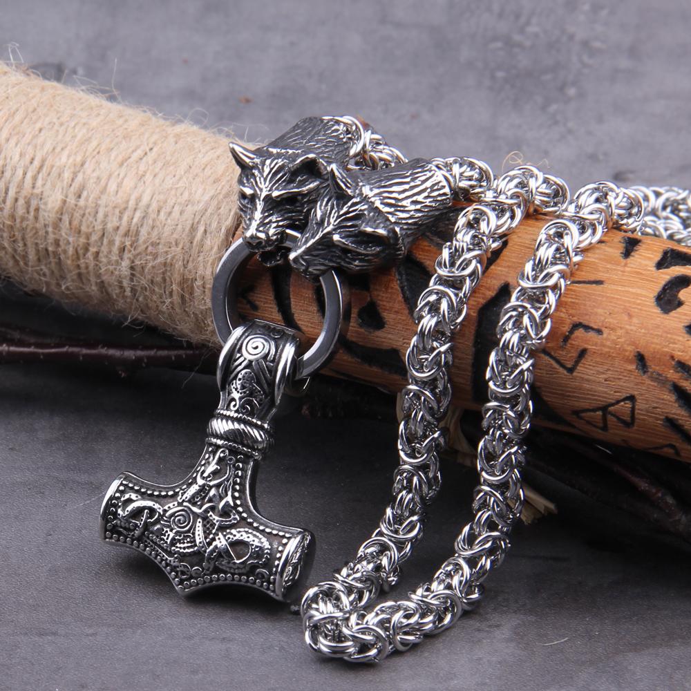 Stainless Steel Wolf Head Thor Hammer Mjolnir Viking Necklace Handmade Chain with Wooden Box Gift for Boyfriend