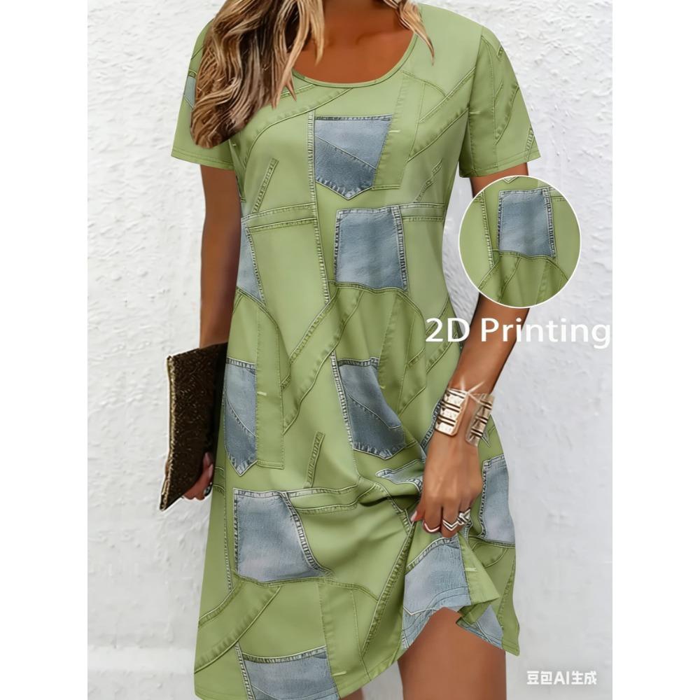 Breathable printed round-neck short-sleeved T-shirt dress