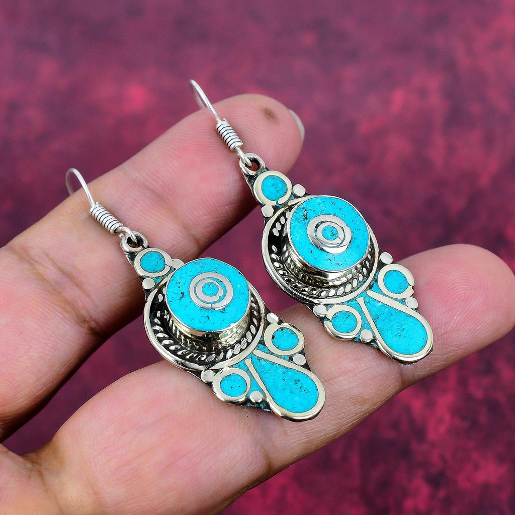 Turquoise Slice Earrings Gemstone Jewelry, 925 Solid Sterling Silver Earrings, Handmade Earrings Gift For Birthday Jewelry