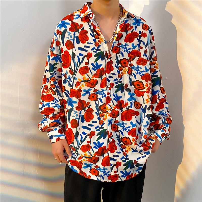 Unisex Thai Vintage Floral Long-Sleeve Shirt, Loose Fit for Street Dance, Spring/Autumn