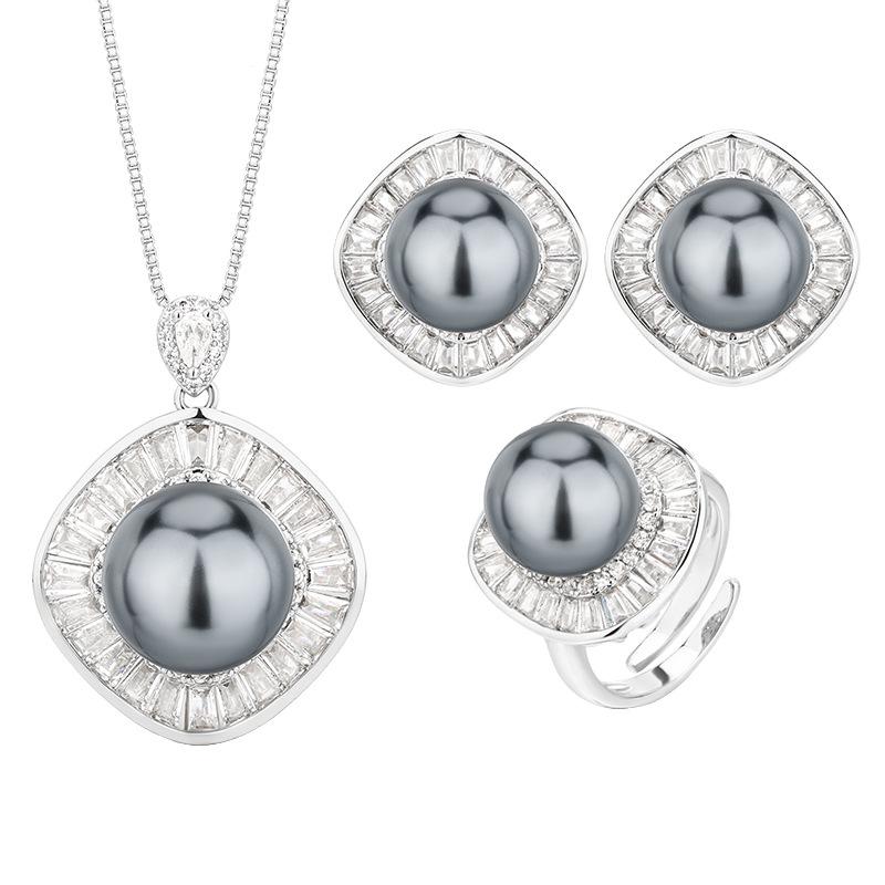 Jewelry Copper Bottom Gold-Plated Inlaid Gray Pearl Square Set Women 16-12Mm