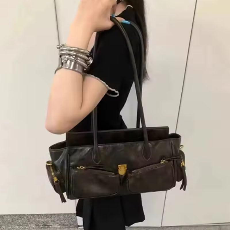 Y2K Style Large Bowling Bag Chic Boston Handbag Solid Color Motorcycle Crossbody Shoulder Bag Women's Vintage Underarm Bag