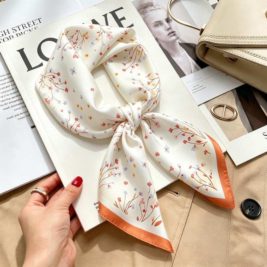 Commuter elegant flower silk scarf women's contrasting color retro printing satin scarf shirt with multi-purpose decorative small scarf