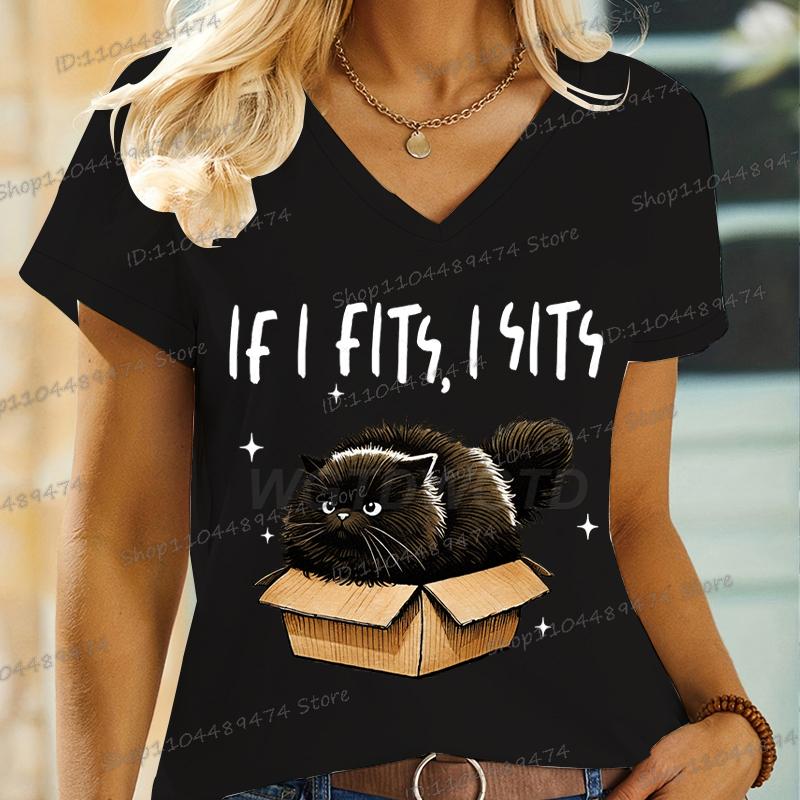 

Смешная футболка с саркастической цитатой про кота Если помещаюсь, то сижу Мультяшная футболка с животным котом Графическая футболка в стиле хиппи с V-образным вырезом Женская одежда 3XL