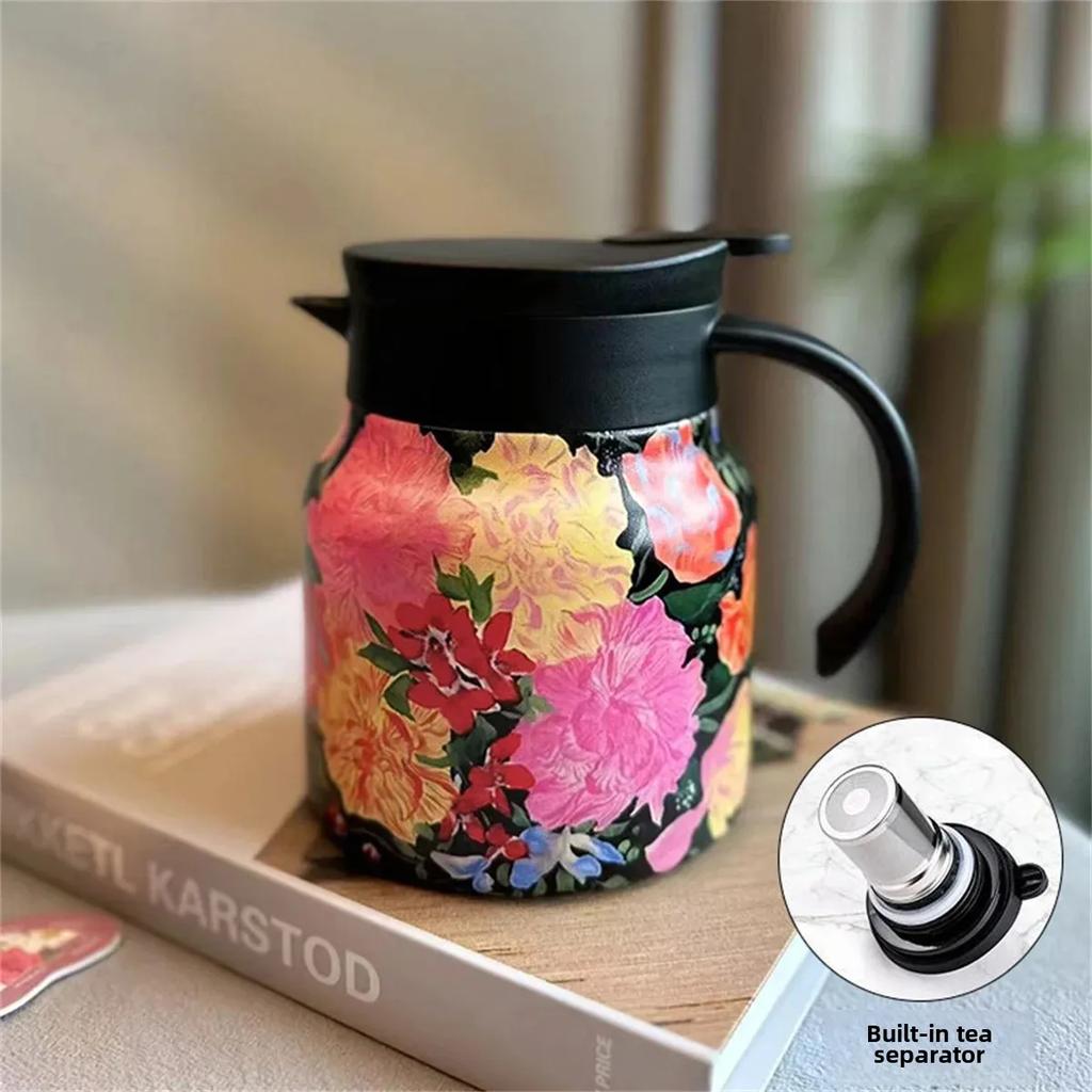 316 Stainless Steel Thermal Carafe 800ml Coffee Pot with Floral Painting with Tea Infuser Keep Warm Function Tea Pot Coffee Cup