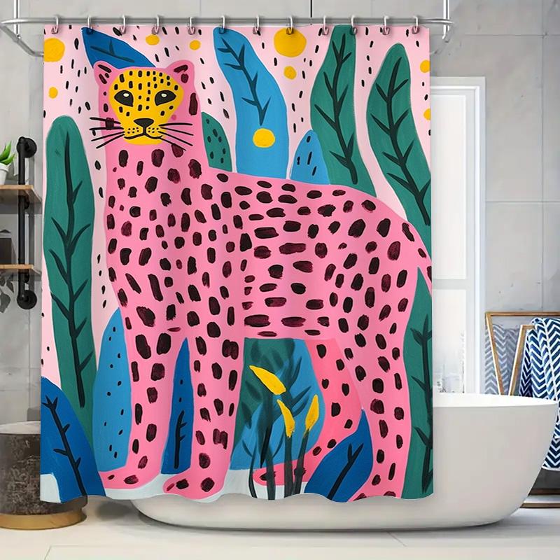 Vibrant Printed Animal Shower Curtain: Leopard Design In Bold Pink With Green Leaves Waterproof Fabric For Bathroom Decorations