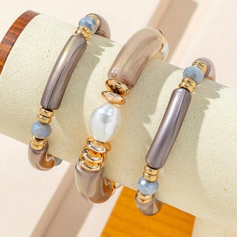 3PCS Set Vintage Design Resin Elastic Bracelet Blue Bamboo Gold Color Spacer Pearl Bracelet Pink Green Coffee Color Option
