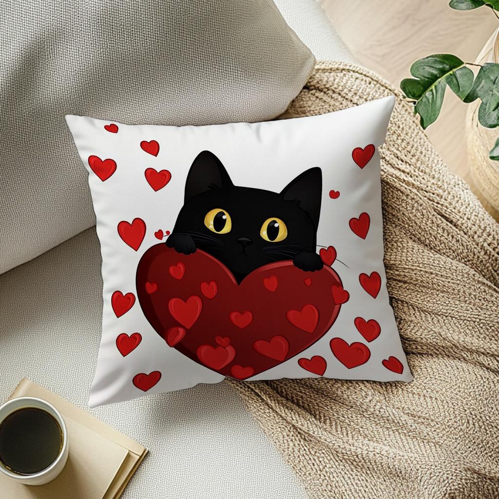 1Pc Valentine's Day black cat pillow cover, single-sided printed pillow sofa cover