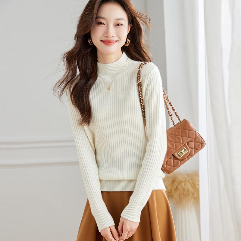 Srcr Women's Pure Wool Semi-High Collar Knit Base Layer Sweater