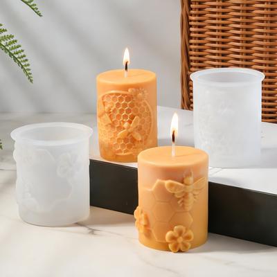 3D Relief Bee Cylindrical Candle Silicone Mold DIY Honeycombs Column Aromatherapy Candle Plaster Making Tool Handmade Gift Decor