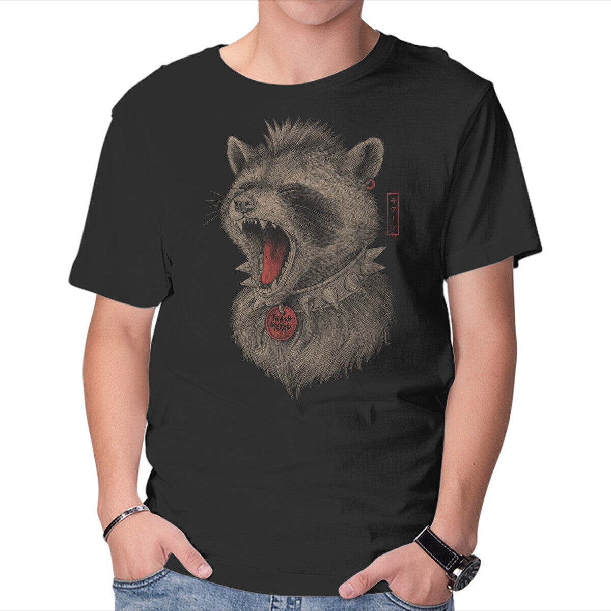 Unisex Crew Neck T-Shirt Metal Raccoon Graphic Short Sleeve Casual Tee L