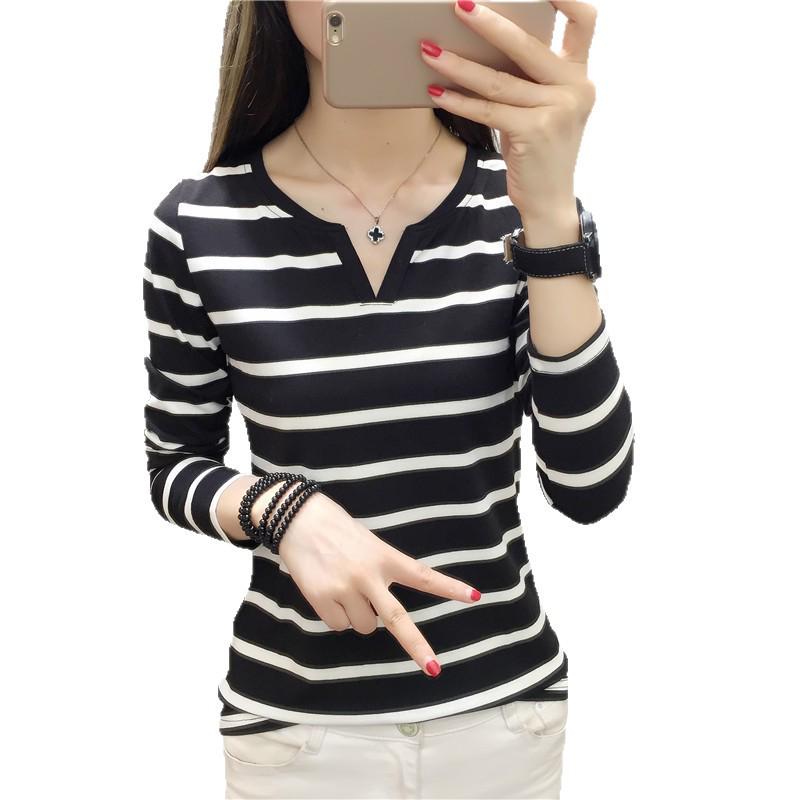 2025 Spring/Autumn Women's Slimming Striped V-Neck Long-Sleeve T-Shirt - Student Base Layer