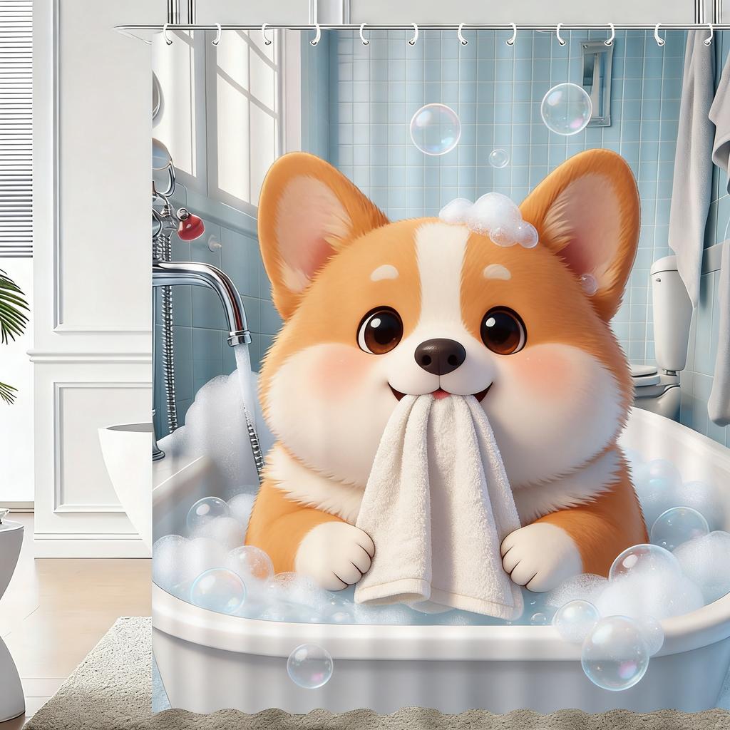 Cute 3D Cartoon Penguin Bathing with Bubbles Waterproof Shower Curtain - Fun Bathroom Decor
