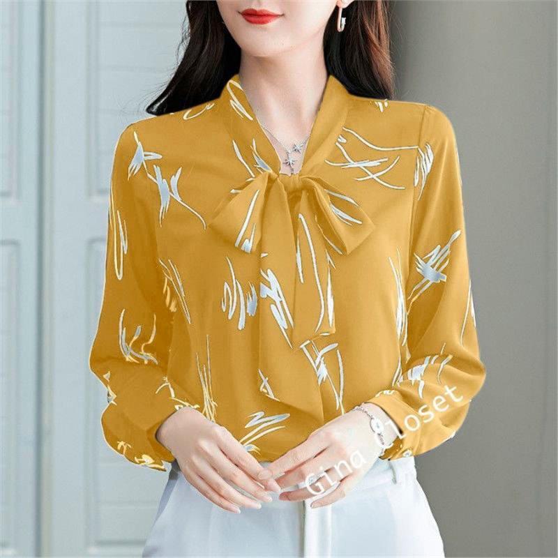 

Plus Size Loose Fit Print Bow Long Sleeve T-shirt for Spring and Autumn. XXL жёлтый