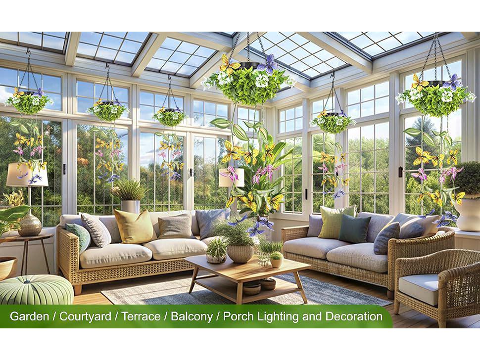 Solar-Powered Waterproof Butterfly Vine Lights: Decorative Artificial Hanging Plants for Outdoor Garden & Balcony.