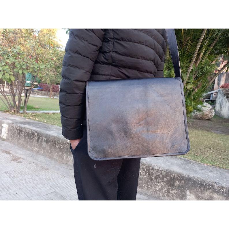 Handmade Black Leather Crossbody Bag: Laptop Messenger Satchel