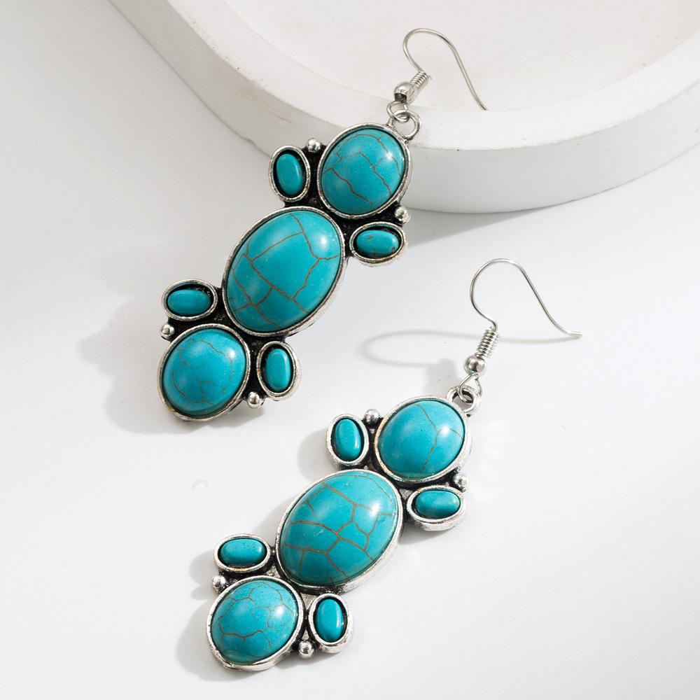 

Creative New Ethnic-style Earrings Featuring Retro Greenstone and Geometric Pendants for Women Turquoise - Ear Hook