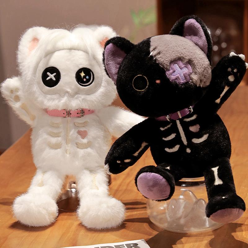 Kawaii Black Skeleton Cat Plush Toy Creative Stuffed Animal Cat Pillow Fluffly Gothic Skull Kitten for Kids Halloween Gifts Toy