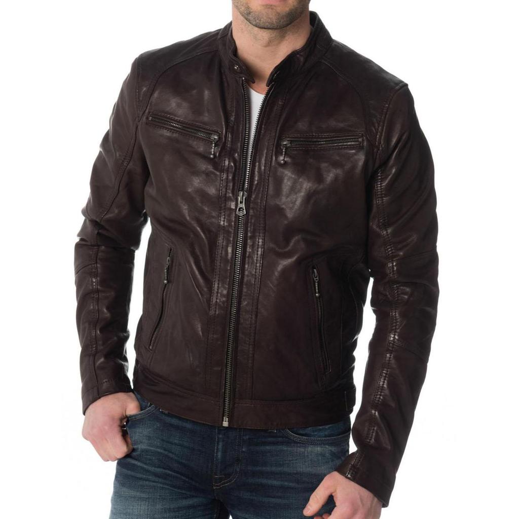 SkinOutfit Men's Genuine Lambskin Brown Leather Jacket Stylish Motorcycle Bomber Biker Outerwear MJ 241