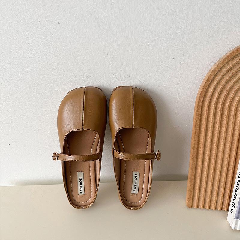 Französische ins Tasche Kopf Halbschuhe Damen Sommerbekleidung Koreanische Version runder Kopf weiches Leder flacher Boden vielseitige Oma-Schuhe Keilabsatz