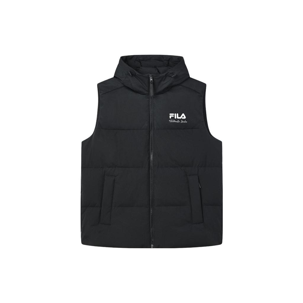 Fila Logo Print Solid Color Hooded Casual Down Vest Men Vest Black F11M349908FBK