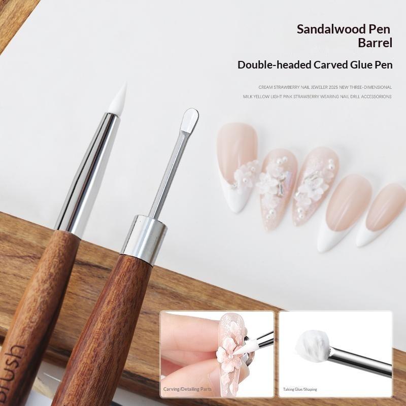 Dual Head Nail Art Flower Painting Brush Silicone Carving Pen Wooden Grip for Manicure Salon Home